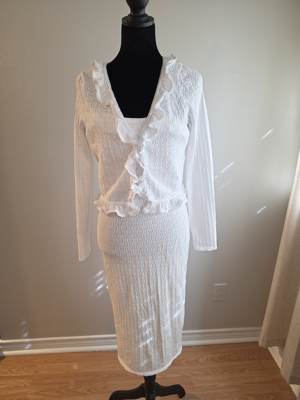 White Ruffle Dress Cardigan Set - Picture 2 of 10